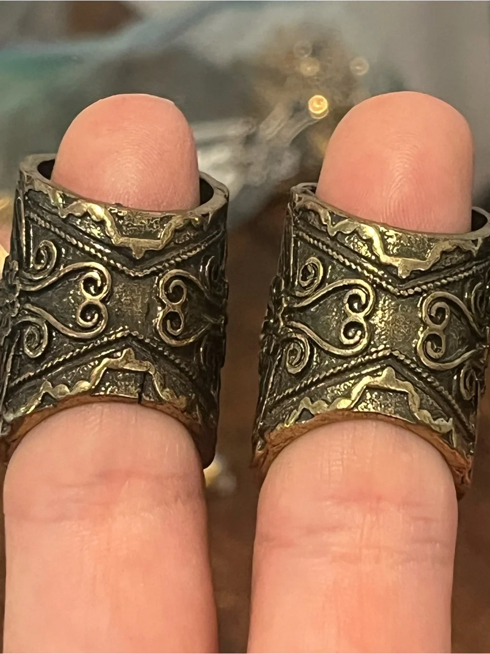 Vintage Style Cameo Wide Band Cuff Rings Set of 2 Antique Brass Filigree